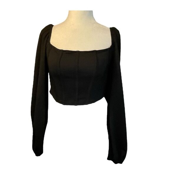 Bishop Sleeve Corset Top Black Knit Square Neck Front Cropped Long Sleeve S - Picture 2 of 7
